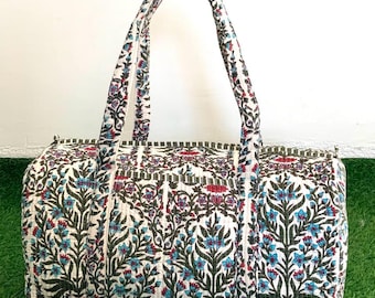 White Handmade Cotton Block Print Duffle Bag,Shopping Bag,Travel Bag,Gym or Yoga Bag,Quilted Bag Everyday use OR Gift For Someone Special