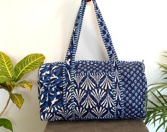 Blue Indigo Handmade Cotton Block Print Duffle Bag,Travel Bag,Gym or Yoga Bag,Quilted Bag Everyday use OR Gift For Someone Special