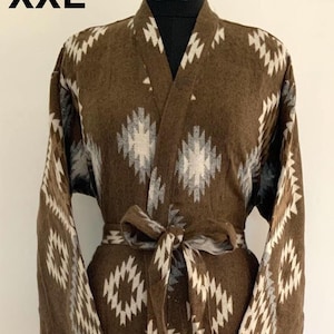 Handmade Yak Wool Blend Kimono Robe: Brown Aztec Print, Unisex XXL