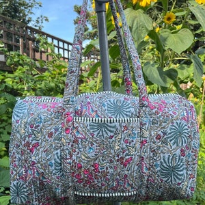Grey Floral Handmade Cotton Block Print Duffle Bag,Shopping Bag,Travel Bag,Gym or Yoga Bag,Quilted Bag,Kantha Bag or Everyday use