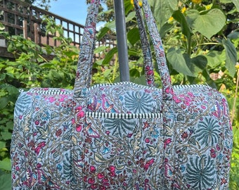 Grey Floral Handmade Cotton Block Print Duffle Bag,Shopping Bag,Travel Bag,Gym or Yoga Bag,Quilted Bag,Kantha Bag or Everyday use