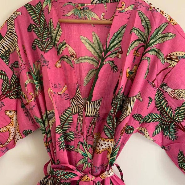 Unisex Pink Safari 100%Cotton Kimono, Kimono/Robe, Dressing  gown,Nightwear,Make Up Dressing Gown,Beachwear