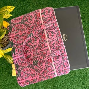 Pink 15&quot;-16&quot;-17&quot;  Laptop Waterproof Protector Handle Bag for outdoor,100%  Pure Cotton Block Print Quilted Handmade Laptop/Macbook Air  Bag