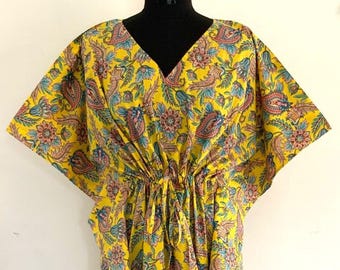 Yellow Floral Cotton Kaftan Kimono,Luxury Loungewear,Beachwear,Long Maxi,Maternity wear,Nightwear,party wear OR Gift For Someone Special