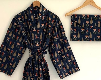 Midnight Blue Cotton Men's Kimono Robe: Floral Print Beach Cover-Up