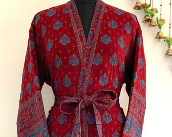 Maroon with Sky Blue Floral Yak Wool Blend Unisex Robe,Handmade Kimono,Winter Special,HouseRobe Perfect 4 Gift Someone Special/Occasionally.