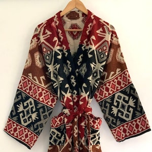 Yak Wool Blend Unisex Kimono,Handmade,Winter Special,House Robe,Aztec Ikat Red-Black Dressing Gown,Traditional Lightweight Kimono/Robe