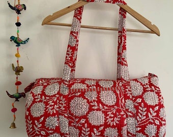 Handmade Cotton Red Block Print Duffle Bag,Travel Bag,Tote Bag,Gym Bag,Quilted Tote Bag,Large Floral Bag,Kantha Bag or Everyday use