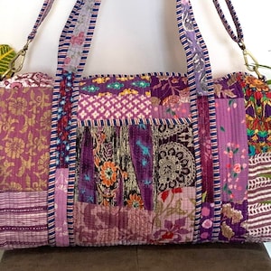 Lila Patchwork Schultertasche, handgemachte Baumwoll-Block-Print Duffle Bag, Reisetasche, gesteppte Gym/Yoga-Tasche, für den täglichen Gebrauch ODER Geschenk 4 jemand Besonderes