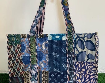 Blue Floral Handmade Cotton Patchwork reversible Large Shopping Bag,Large Quilted Tote Bag,Large Floral Bag,Kantha Bag or Occasionally Gift