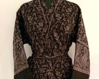 Unisex Yak Wool Blend Black-Purple Floral Handmade Kimono,Winter Special,House robe,Perfect For Gift Someone Special/Occasionally.