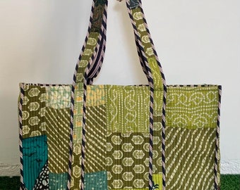 Handmade Cotton Olive Green Patchwork reversible Large Shopping Bag,Large Quilted Tote Bag,Large Floral Bag,Kantha Bag or Occasionally Gift