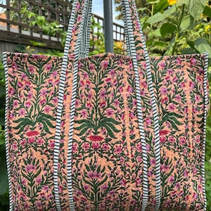 Handgemachte Baumwolle Pfirsich Floral Block Print reversibel Einkaufstasche,Einkaufstasche, große Einkaufstasche, gesteppte Einkaufstasche, große Blumentasche,Kantha Tasche