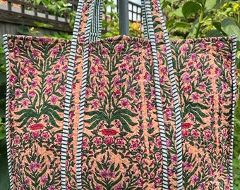 Handmade Cotton Peach Floral Block Print reversible Shopping Bag,Tote Bag,Large Shopping Bag,Quilted Tote Bag,Large Floral Bag,Kantha Bag