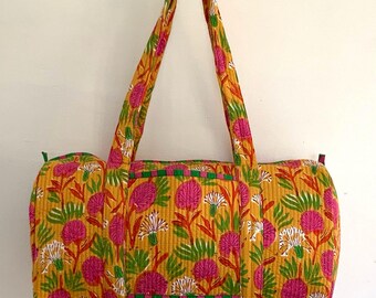 Handmade Cotton Block Print Duffle Bag: Mustard Yellow Quilted Travel Gym Bag