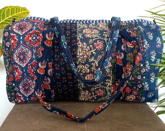 Bolsa de lona con estampado de bloques de algodón hecha a mano de patchwork azul, bolsa de viaje, bolsa de gimnasio, bolsa de yoga, bolsa acolchada o uso diario O regalar a alguien especial