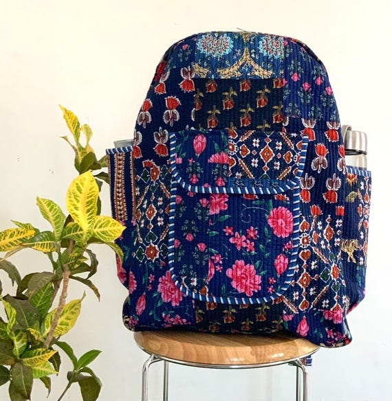 Blue Floral Patchwork Cotton Backpack: Handmade Indian Boho 