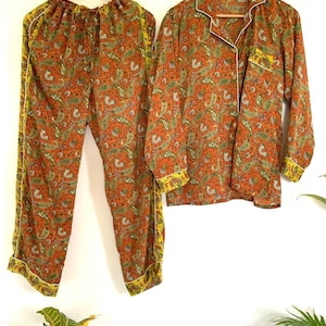 Orange Paisely Silk Blend Pyjamas Set,Full Lenght Pyjamas,Nightwear,Loungewear,Everyday Use,Satin Pyjamas Gift For Her OR Occasionally Gift