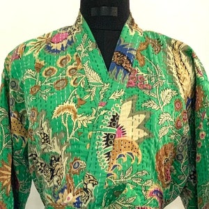 Parrot Green Floral Hand Made Kantha/Robe,100% Cotton Bath Robe,Indian Hand Made Kantha,Cotton Kimono,Traditional Robe