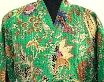 Handmade Floral Kantha Robe: Parrot Green Cotton Kimono