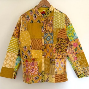 Senfgelbe Reine Baumwolle Handgefertigte Patchwork Reversible Quilted Kurze Jacke,Handgenähte BaumwollPatchworkjacke,WomenWear New Style Coat