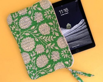 Beautiful Green Floral 100% Cotton Block Print Quilted  Handmade Laptop Protector/Sleeve,Ipad Sleeve,Tablet zipper Pouch,Macbook Air Cover