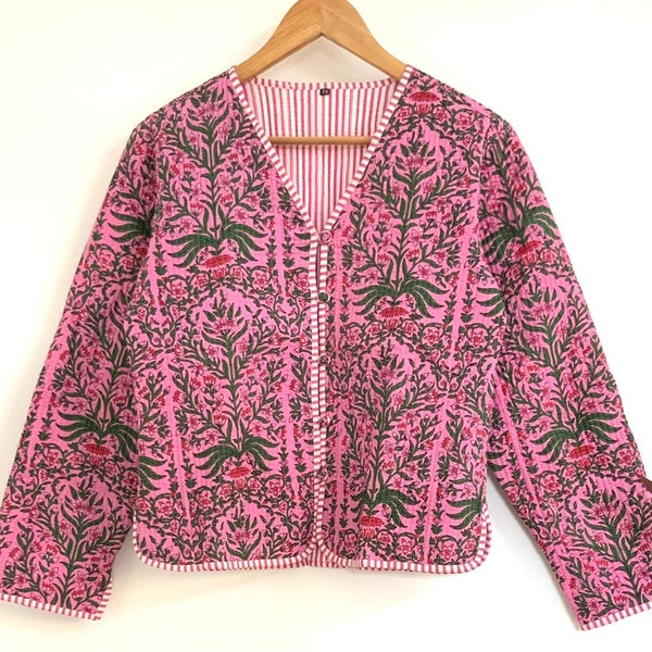 Beautiful Pink Floral 100% Cotton Handmade Reversible Light Weight Quilted Short Jacket,WomenWear New Style Coat,Partywear OR Gift For Her
