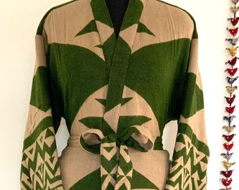 Olive Green & Cream Yak Wool Blend Unisex Handmade Kimono/Robe,Winter Special,House Robe,Perfect For Gift Someone Special or Occasionally.