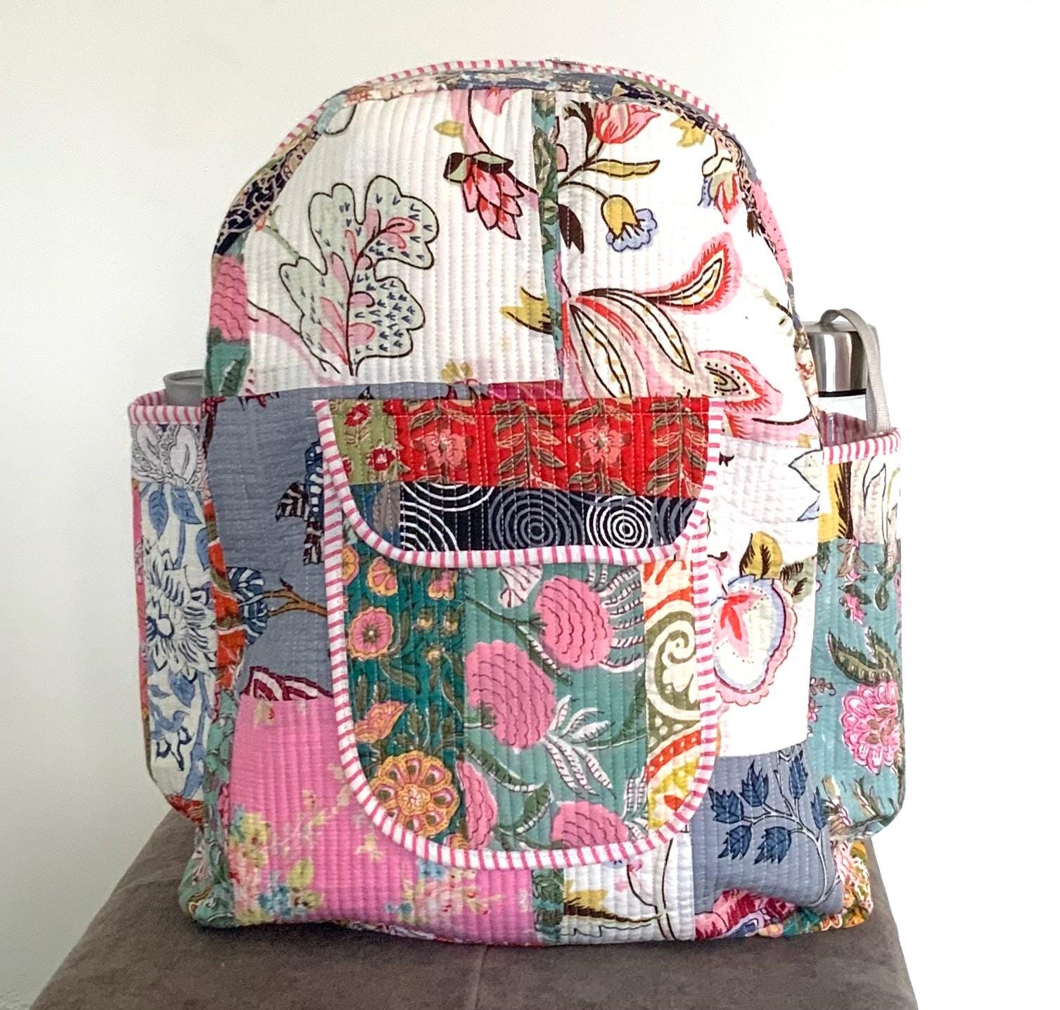 Handmade backpack - made out of a vintage floral quilt. Inside is green color Kat Backpack PDF Sewing Pattern - Bethany Lynne Makes main image 4