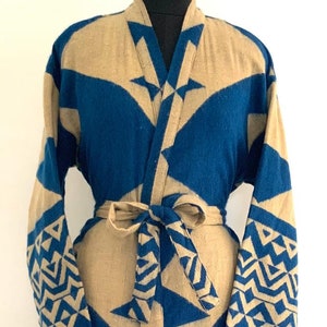 Blue & Beige Yak Wool Blend Unisex Kimono/Robe,Handmade Kimono,Winter Special,House Robe,Perfect For Gift Someone Special or Occasionally.