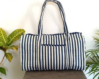 Blue Stripes Handmade Cotton Block Print Duffle Bag,Travel Bag,Gym or Yoga Bag,Quilted Bag Everyday use OR Gift For Someone Special