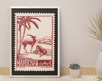 Poster Morocco gazelles and palm tree I Poster stamp I Posts Morocco I desert