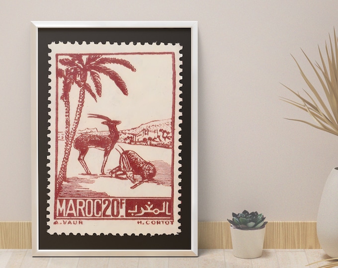 Poster Morocco gazelles and palm tree I Poster stamp I Posts Morocco I desert
