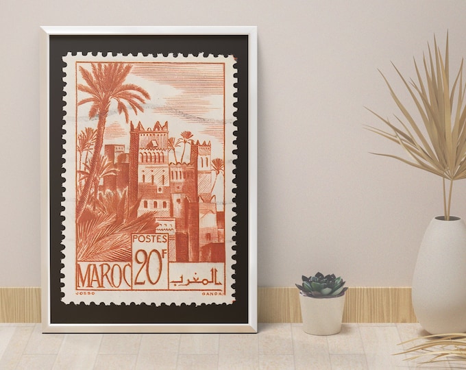 Poster MOROCCO stamp I Postes 20 frs I mosque I landscape
