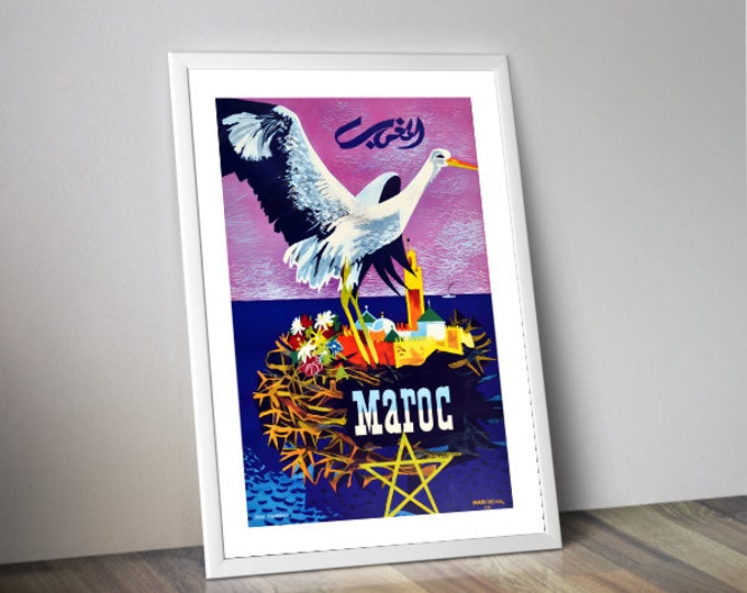 Morocco stork poster | retro advertising | travel poster | vintage poster | vintage wall art