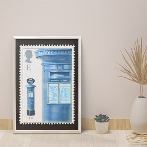 Blue British letterbox poster I England post office I Mail box stamps