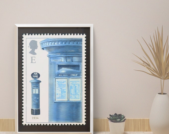 Blue British letterbox poster I England post office I Mail box stamps