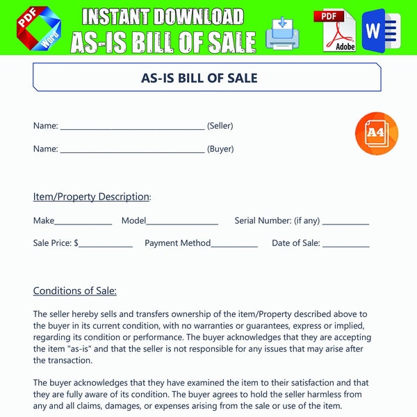 As Is Bill Of Sale - As-Is Bill Of Sale Form / Template