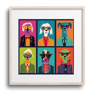 May include: A framed art print featuring six stylized dog portraits, each in a different color block. The dogs wear suits and glasses, with a variety of colors including pink, orange, blue, and green.