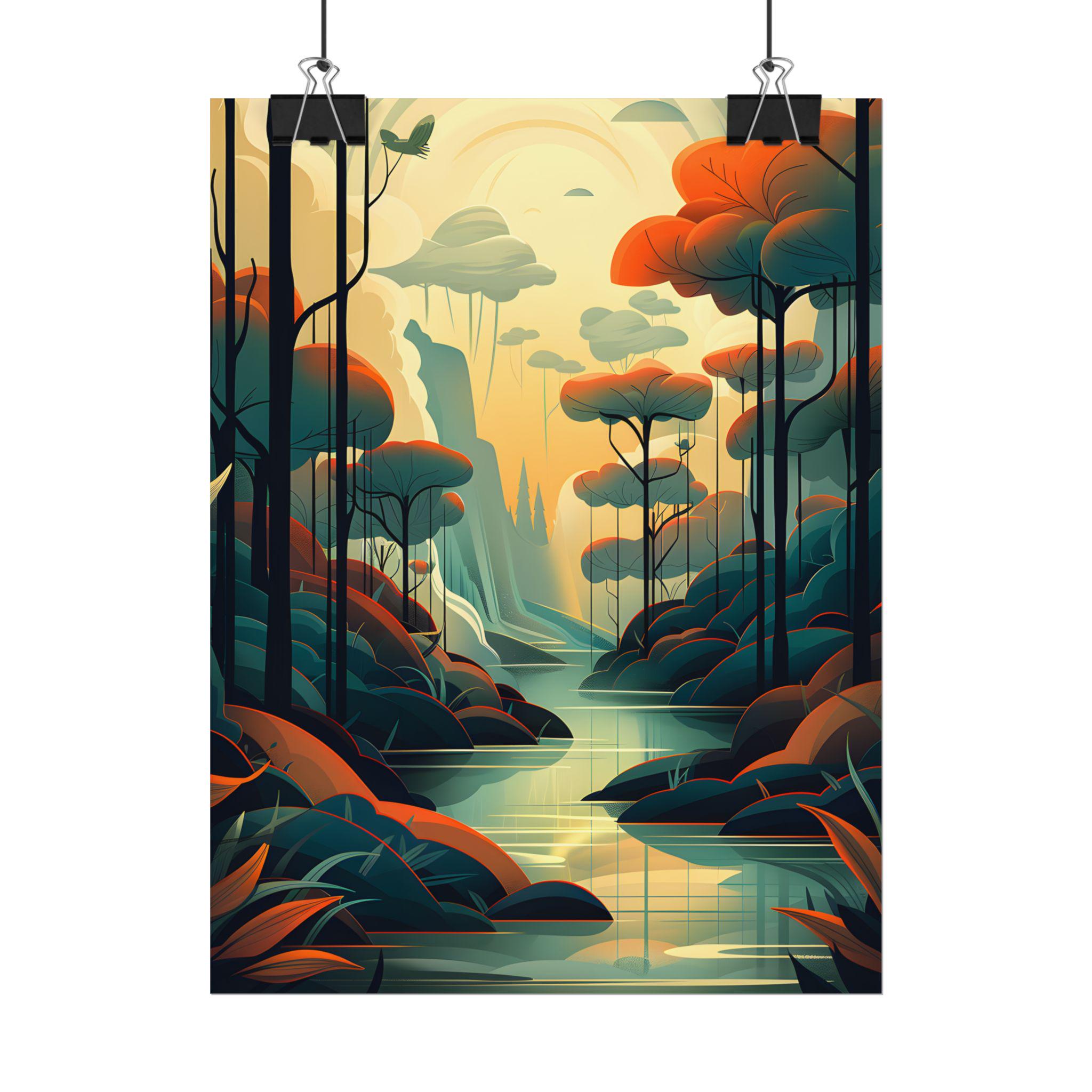 Enchanted Grove at Golden Hour A Vintage Art Deco Forest Inspired