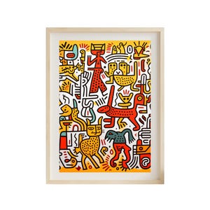 Puede incluir: Una impresi&oacute;n enmarcada colorida con una ilustraci&oacute;n caprichosa de varios personajes de dibujos animados y animales. La impresi&oacute;n presenta un fondo amarillo con acentos rojos, naranjas, azules y verdes.