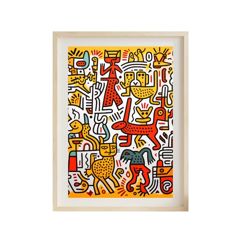 Puede incluir: Una impresi&oacute;n enmarcada colorida con una ilustraci&oacute;n caprichosa de varios personajes de dibujos animados y animales. La impresi&oacute;n presenta un fondo amarillo con acentos rojos, naranjas, azules y verdes.