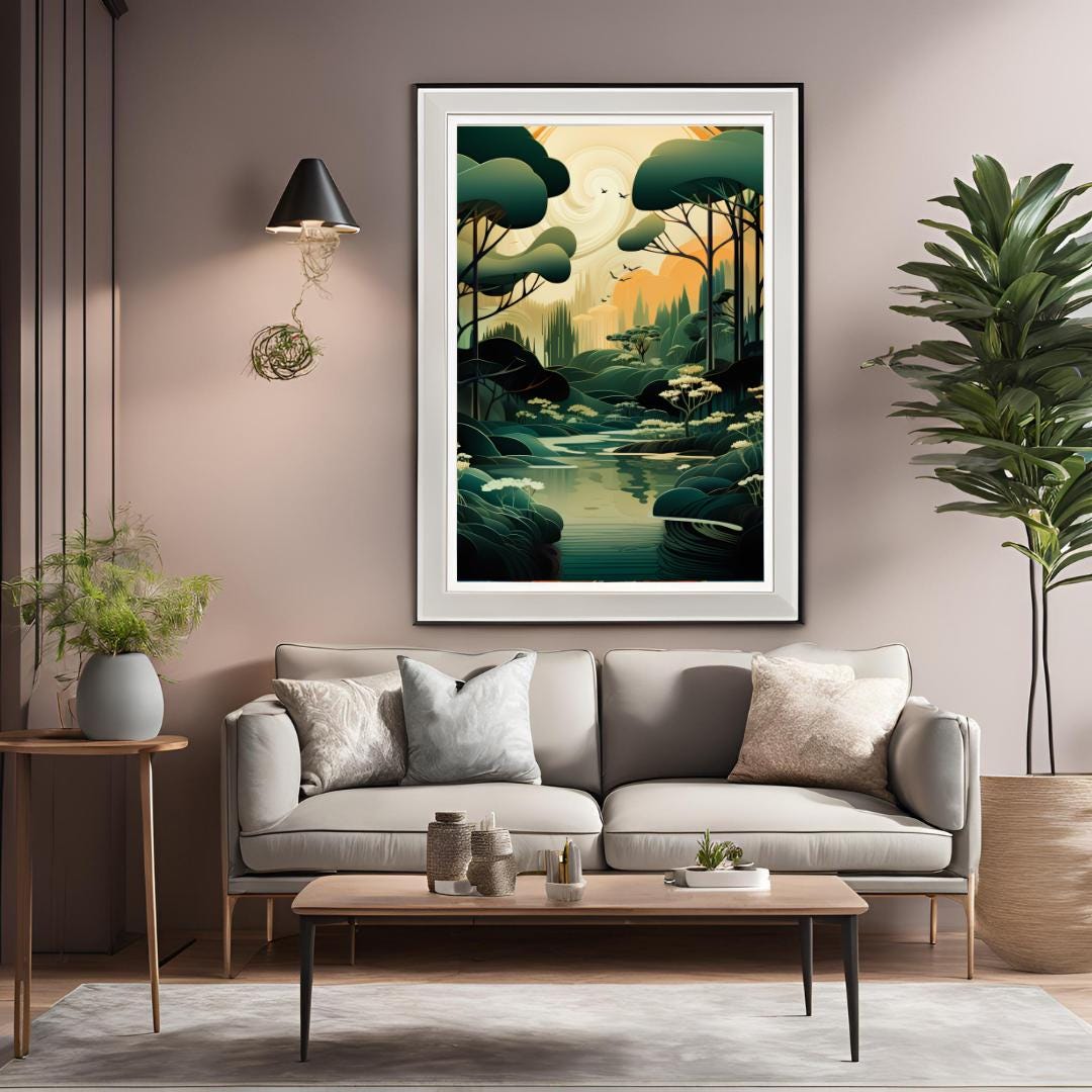 Art Deco Forest Print: Eyvind Earle Inspired Vintage Landscape