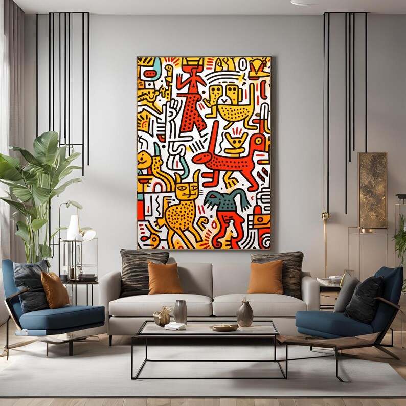 Puede incluir: Una impresi&oacute;n de arte abstracto colorida que presenta una variedad de formas geom&eacute;tricas y figuras en rojo, amarillo, azul, verde y negro. La impresi&oacute;n est&aacute; sobre un fondo blanco y est&aacute; enmarcada en un marco negro.