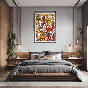 A Tribute to Keith Haring's Dynamic World"
Transform Your Space with a Burst of Energy and Color
Bring your bedroom  a piece of vibrant chaos and dynamic energy with "Vibrant Chaos: A Tribute to Keith Haring's Dynamic World." This captivating art print channels the essence of Keith Haring's iconic style, featuring bold lines, vibrant colors, and playful figures that dance across the canvas. It's not just an artwork; it's a statement piece that celebrates life, movement, and creativity.