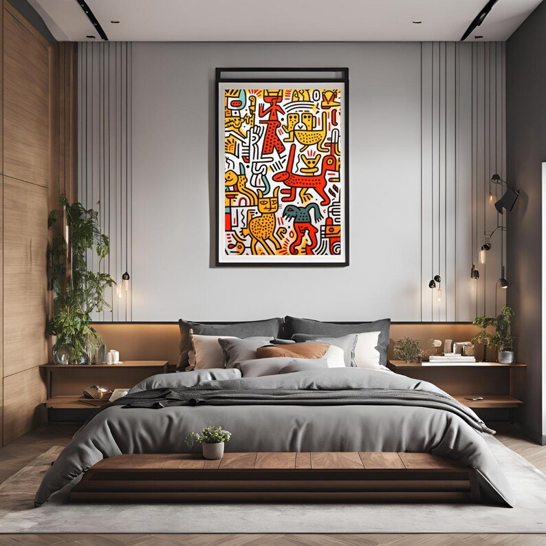A Tribute to Keith Haring's Dynamic World"
Transform Your Space with a Burst of Energy and Color
Bring your bedroom  a piece of vibrant chaos and dynamic energy with "Vibrant Chaos: A Tribute to Keith Haring's Dynamic World." This captivating art print channels the essence of Keith Haring's iconic style, featuring bold lines, vibrant colors, and playful figures that dance across the canvas. It's not just an artwork; it's a statement piece that celebrates life, movement, and creativity.