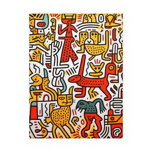 May include: Vibrant illustration featuring a whimsical array of creatures and abstract shapes in bold red, yellow, and orange hues against a white background. The style is reminiscent of doodles or graffiti art, with various animal-like figures, geometric patterns, and playful lines creating a lively, energetic composition.  The artwork is densely packed with detail, showcasing a dynamic interplay of color and form.