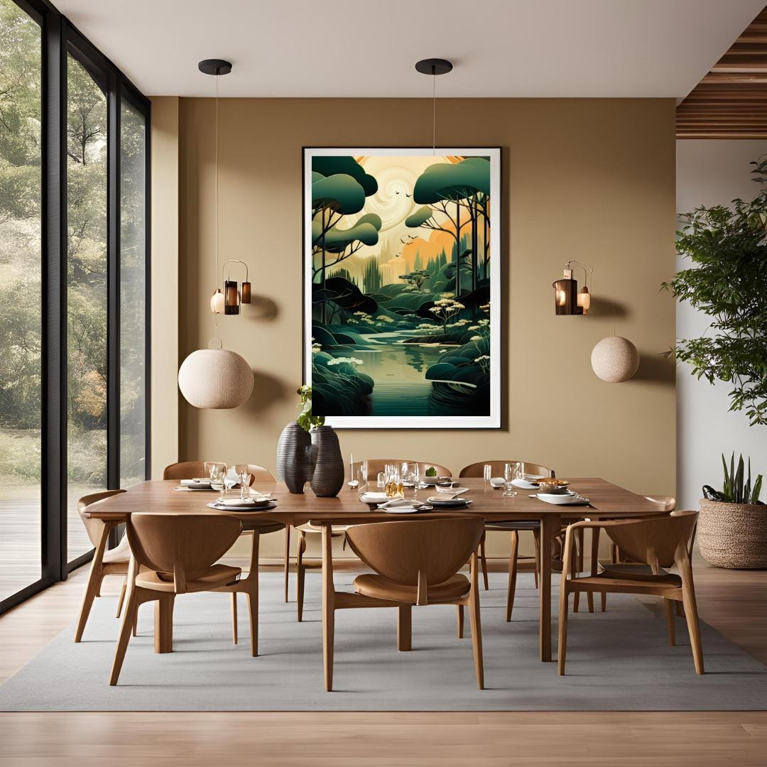 Art Deco Forest Print: Eyvind Earle Inspired Vintage Landscape