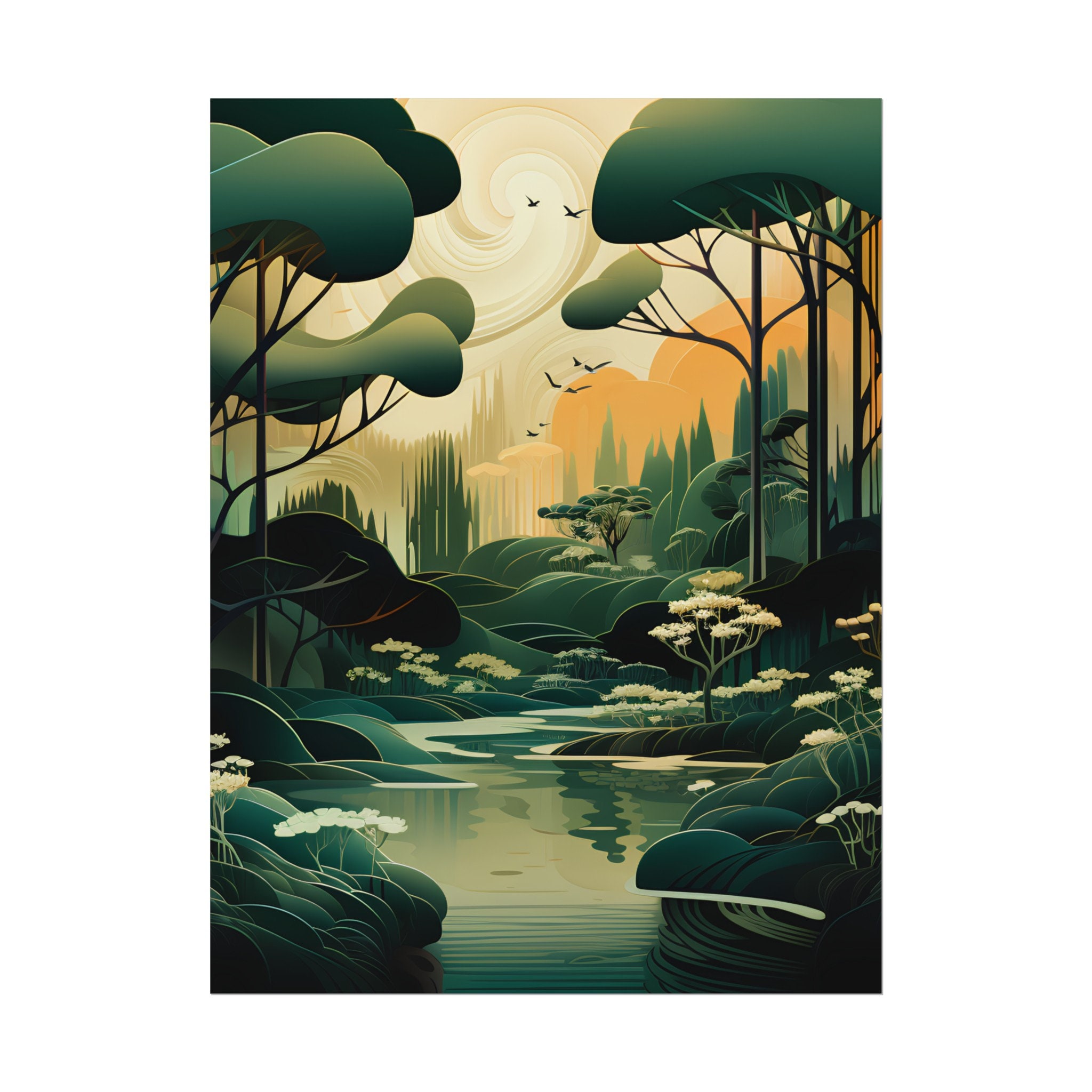 Art Deco Forest Print: Eyvind Earle Inspired Vintage Landscape