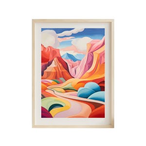 May include: Abstract painting of a colorful landscape with a winding road leading through a canyon. The painting features vibrant hues of red, orange, yellow, green, blue, and pink.